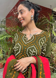 Mehendi Green Red Cotton Bandhani Suit